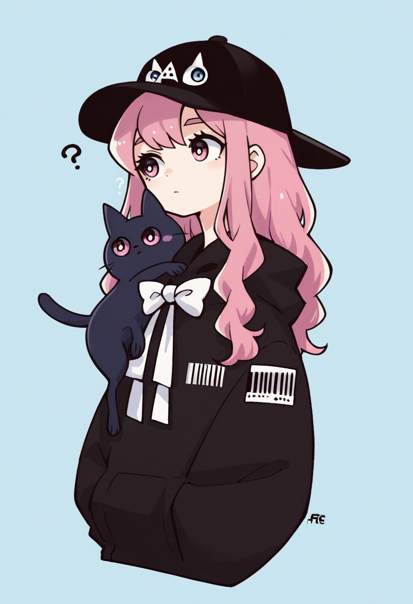 score_9, score_8_up, score_7_up, score_6_up, score_5_up,  garouma, 1girl, pink hair, hat, long hair, ?, pink eyes, solo, black headwear, white bow, upper body, baseball cap, black cat, barcode, cat, hood, heart, bow, bangs, long sleeves, blue background  <lora:garoumaXLP:1>