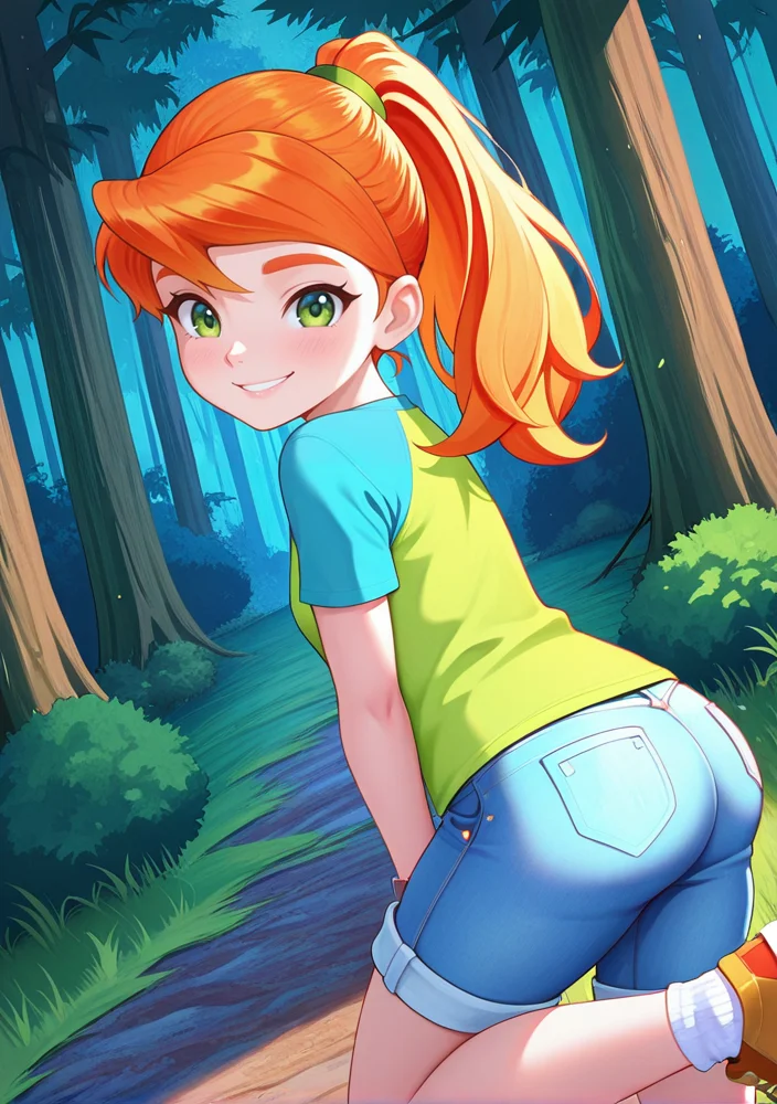 handsfree, masterpiece, best quality, amazing quality, very aesthetic, 1girl, looking at viewer, smile, dynamic pose, outdoors, forest, dynamic angle,
mia_illus, green eyes, orange hair, ponytail, long hair, shirt, raglan sleeves, green shirt, shorts, denim, shoes, socks, watch,
<lora:Mia_-_Lego_Friends__Girls_on_a_Mission_ILLUSTRIOUS:1>