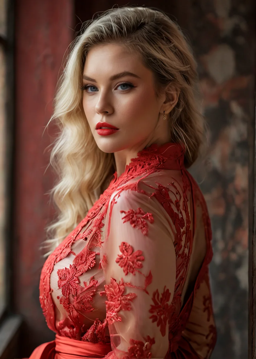 Photo, masterpiece, best quality, Photo, masterpiece, best quality, a curvy woman, pale skin, sexy, seductive, breasts, large breasts, dressed in (see through clothing, chinese clothing, no bra), sideboob:1.4, covered erect nipples, blonde hair, modern hairstyle, blue eyes, long eyelashes, dark eyeshadow, sexy, (closed lips), seductive gaze, romantic setting, dreamy pastel palette, colorful, warm lighting, (red theme),(cinematic, red and black:0.85), sharp, dim colors, (depth of field), (dynamic angle), (wall background), (ultra detailed, high quality texture), (sharp), (artistic image), 8K, extremely detailed, dynamic, depth of field, intricate, <lora:add-detail-xl:0.8> <lora:MS_AAAK_SDXL_V1:1> <lora:mjv6:0.6>