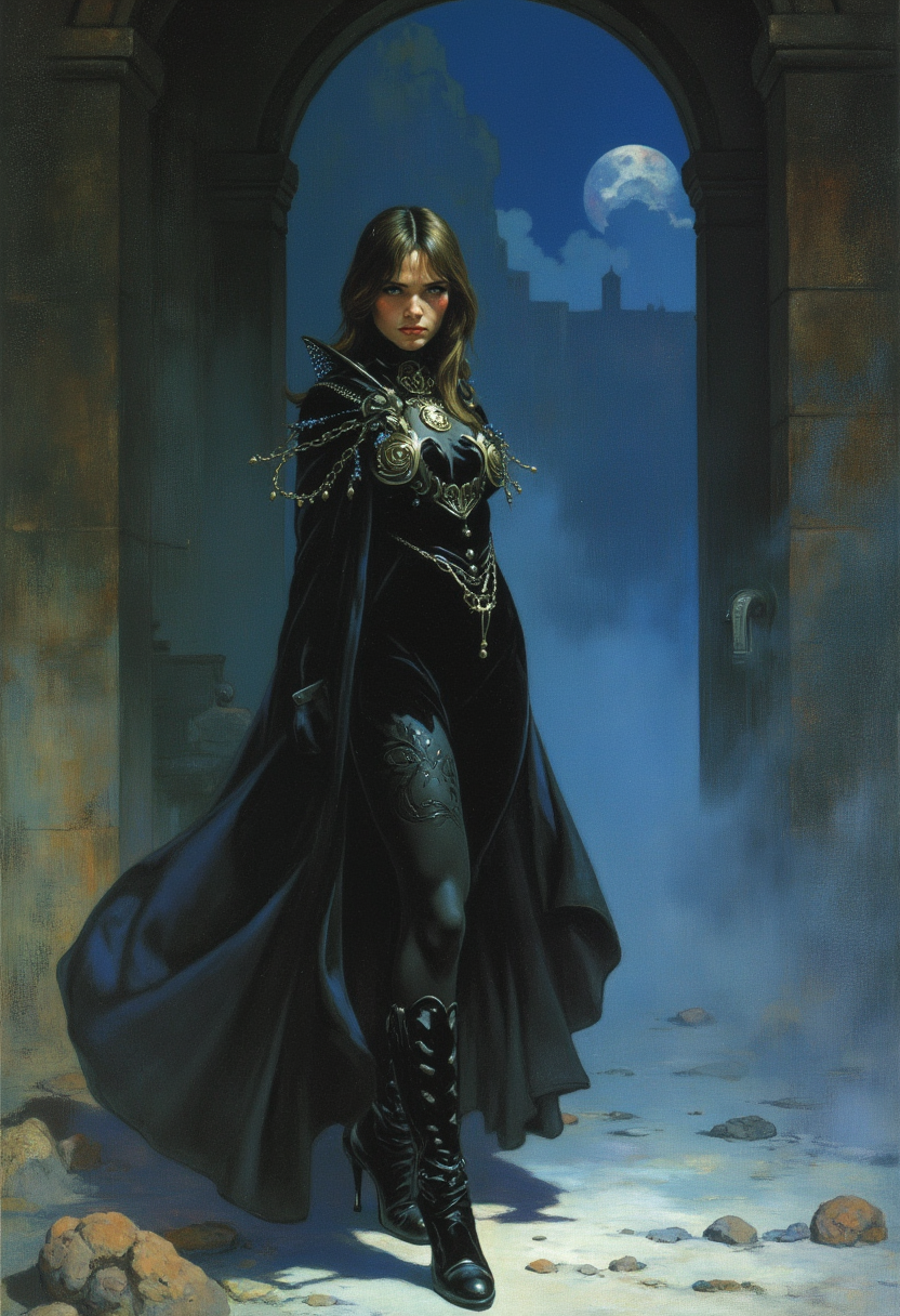 Frank Frazetta fantasy oil painting,  dark fantasy aesthetic. , digital artwork of a futuristic, natural colors, , epic.  luminescence, ultra realistic, hyper detailed, soft lighting , (Frank Frazetta), epic scale.
(detailed digital painting, detailed oil painting).

realistic photo, Frank Frazetta, ,perfect lighting,beautiful illustration,ultra-realistic, modest, beatiful, masterpiece, super detailed, breath taking, best quality, portrait shot. A dark courtyard. Argentine tango. There is a woman standing. (Tall woman, tight-fitting graphite velvet suit, wide hips, fully clothed, long sleeves, feminine hourglass figure. brown long hair, realistic skin, high-fitting boots from Cordoba, brocade cape). Dynamic, effective pose, looks at us with a sly look. The background is gradient dark fog, smoke. Emotional photo, dynamic pose., . . masterpiece, best quality, , medium-format camera, high-contrast, dramatic lighting, striking composition, The background is minimalist, a gradient of shadowy blue tones, amplifying the ethereal and futuristic ambiance of the scene. The overall composition feels cinematic, blending high fashion with a science fiction aesthetic. . Exquisite cyberpunk. retroFuturism. , , 

masterpiece, best quality, medium-format camera,  high-contrast, dramatic lighting, striking composition,  

The background is minimalist, a gradient of shadowy blue tones, amplifying the ethereal and futuristic ambiance of the scene. The overall composition feels cinematic, blending high fashion with a science fiction aesthetic. . Exquisite cyberpunk. retroFuturism.Frank Frazetta,
..razum  
 .

 An otherworldly atmosphere.
(Depth of field), low saturation,detail. mythp0rt Stylish, charismatic. ,.
masterpiece,   ,KNRm,   embedding:SD15\charturnerv2, CPA,

Otherworldly atmosphere. aidmamj6.1
(Depth of field), low saturation,detail. mythp0rt Stylish, charismatic


