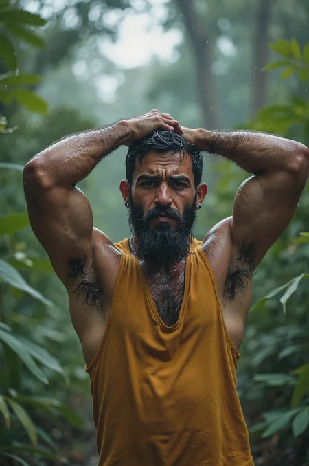 A HD high-quality outdoor adventure shot of a Middle Eastern man with a thick, hairy chest hiking through a humid jungle. His arms are raised as he wipes his forehead, revealing his damp armpits glistening with sweat. He wears a half-unbuttoned dark-yellow tank top shirt, clinging to his damp skin. The dense, misty jungle in the background enhances the steamy atmosphere, with sweat trickling down his hairy arms. His expression is rugged yet determined.
🎯<lora:flux\my\damp\Damp Armpits Flux v1_05 pre07.safetensors:1.4000000000000001:1.4000000000000001>
<lora:flux\sports_photography_flux_000013300.safetensors:0.3:0.3>
<lora:flux\Sony_a7_III.safetensors:0.7000000000000001:0.7000000000000001>
<lora:flux\Anti-BlurFLUX.safetensors:0.12:0.12>
<lora:flux\Sweaty-000001.safetensors:0.65:0.65>
📌[LoRas Used]: Damp Armpits Flux v1_05 pre07, sports_photography_flux_000013300, Sony_a7_III, Anti-BlurFLUX
📌[LoRas Used with Diogod's Block Analysis Presets]: Sweaty-000001