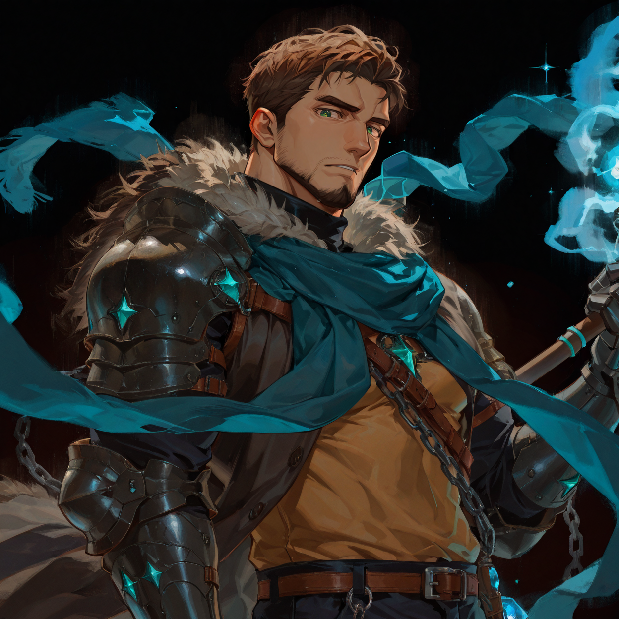 <lora:Othima_Alchemist_Code-000004:.8> tagatameothima, 1boy, manly, brunette, short hair, green eyes, solo, male focus, manly, bara, mature male, muscle body, cloak, fur trim, scarf, shirt, turtleneck, staff, handband, shoulder armor, chain, pants, boots, orbs, gauntlets,
upper body, looking at the viewer,
(very short hair, beard, bara, mature, facial hair, stubble, beard, full beard, sideburn, beard, a lot of beard, ), facial hair,male focus, muscular male, muscular male, bara, mature,  bara, mature, aixiwuganda_(20222192), very awa, masterpiece, best quality, absurdres, newest, perfect quality, detailed background, intricate details,
<lora:slider_Body Type_alpha1.0_rank4_noxattn_last:3><lora:Anime Summer Days 2 Style SDXL_LoRA_Pony Diffusion V6 XL:.6><lora:slider_cfg_scale_boost:.7><lora:Artist6p:.55>, Artist6p, Artist04p,<lora:slider_il_brightness_slider_d1:-1><lora:slider_il_contrast_slider_d1:-1><lora:slider_DarkSlider1.2_alpha1.0_rank16_full_300steps:-.6>