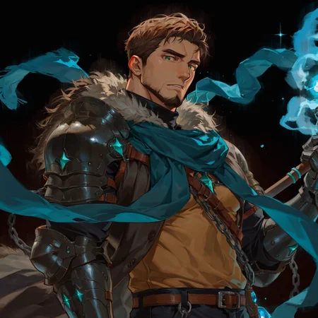 <lora:Othima_Alchemist_Code-000004:.8> tagatameothima, 1boy, manly, brunette, short hair, green eyes, solo, male focus, manly, bara, mature male, muscle body, cloak, fur trim, scarf, shirt, turtleneck, staff, handband, shoulder armor, chain, pants, boots, orbs, gauntlets,
upper body, looking at the viewer,
(very short hair, beard, bara, mature, facial hair, stubble, beard, full beard, sideburn, beard, a lot of beard, ), facial hair,male focus, muscular male, muscular male, bara, mature,  bara, mature, aixiwuganda_(20222192), very awa, masterpiece, best quality, absurdres, newest, perfect quality, detailed background, intricate details,
<lora:slider_Body Type_alpha1.0_rank4_noxattn_last:3><lora:Anime Summer Days 2 Style SDXL_LoRA_Pony Diffusion V6 XL:.6><lora:slider_cfg_scale_boost:.7><lora:Artist6p:.55>, Artist6p, Artist04p,<lora:slider_il_brightness_slider_d1:-1><lora:slider_il_contrast_slider_d1:-1><lora:slider_DarkSlider1.2_alpha1.0_rank16_full_300steps:-.6>