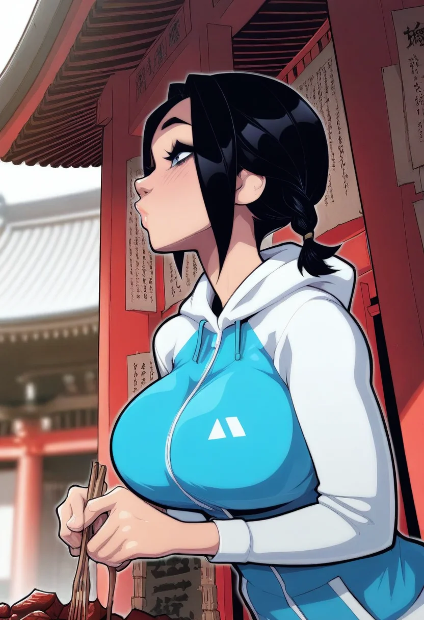 masterpiece, best quality, amazing quality, 1girl, solo, large breasts, Pretending to cradle a baby animal, dutch_angle, Light blue Letter Jacket, very short hair, braid, Soft Black hair, shrine, close-up, <lora:Illustrous\cherry_mouse_street_IL:1.0>
