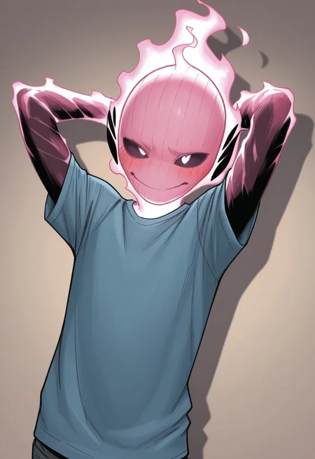 masterpiece, absurdres, high quality, perfect anatomy, 1boy, solo, cute boy, male focus, doyle, Pink Fire, Black Scelera, colored scelera, t-shirt, shy smile, hand behind head, cinematic, intricately detailed illustration, depth of field, masterpiece, best quality, amazing quality, very aesthetic, absurdres, newest, very awa,  shadow, dynamic angle, casual cosplay, dynamic pose, simple background,