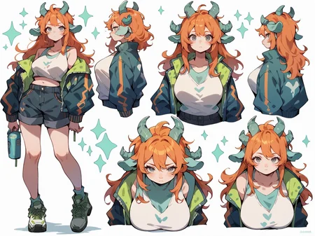 score_9, score_8_up, score_7_up, score_6_up, <lora:cut3ch4rXLP:0.8> cut3ch4r, 1girl, multiple views, jacket, long hair, (green|blue goat horns), white background, ginger hair, plump, grey eyes, large breasts,