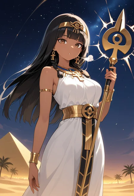 masterpiece, best quality, amazing quality, girl, black hair, brown eyes, cowboy shot, long hair, straight hair, side swept bangs, medium breasts, perfect eyes, 8k, highest quality, ultra details,1girl, solo, perfect brown eyes ,long black hair, small braids,blunt bangs, tan skin, brown skin,long white linen sheeth dress, ancient egyptian dress, gold horus headpiece, egyptian necklace, gold waist chain, gold earrings, speaking, casting magical spell, magical sparks, greedy eyes, (ankh:1.2), holding a magical gold and emerald scepter, windy day, hair blowing in the wind, dress blowing in the wind, night time, egypt pyramid background, starry sky, palm trees