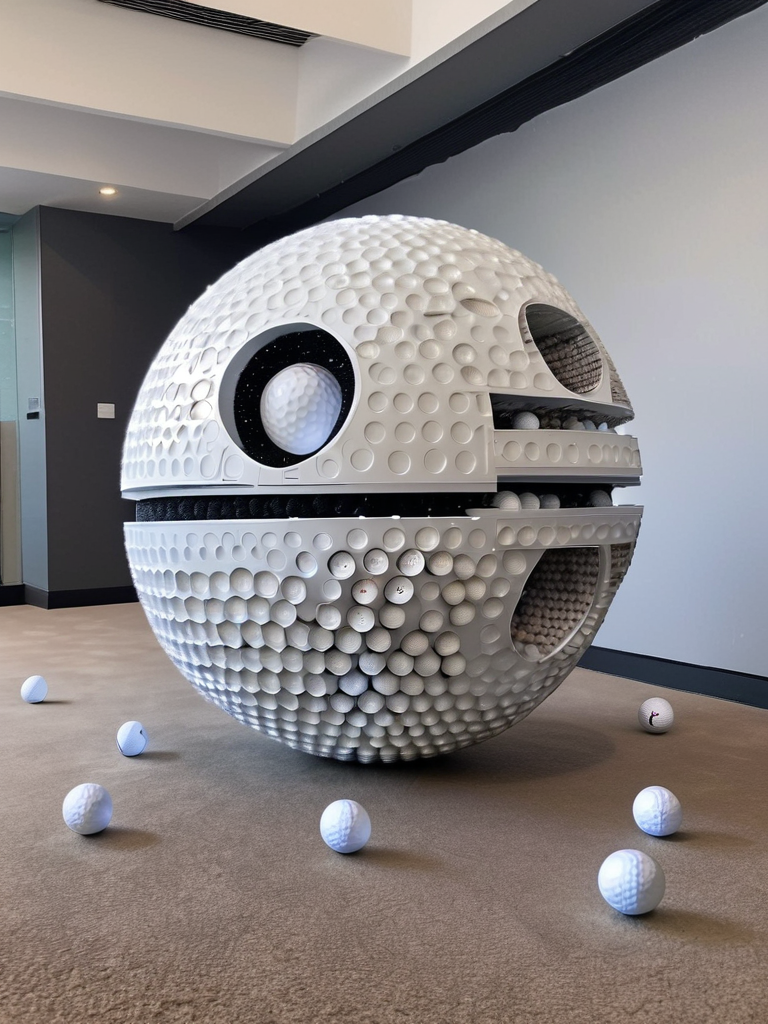 <lora:g0lfb4lls_v2:1>, high quality, high resolution, in the space with stars, death star made of golf balls,