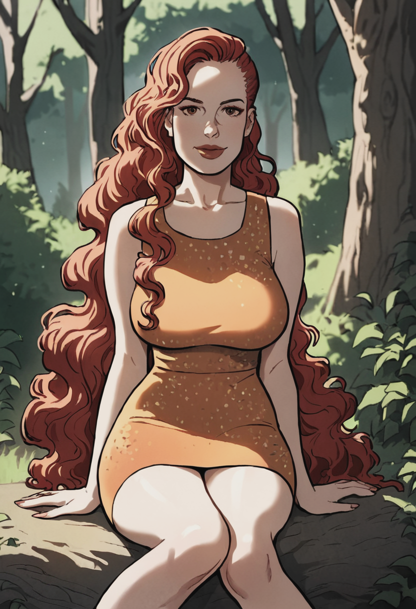 score_9, score_8_up, score_7_up, 1girl, large_breasts, portrait, solo, looking_at_viewer, open_eyes, Sitting with legs extended, pov, (Copper Dress), absurdly long hair, French pleat, Strawberry Red hair, forest, cropped_torso, rating_safe, <lora:pony\artist_styles\armas_pony:1.0>