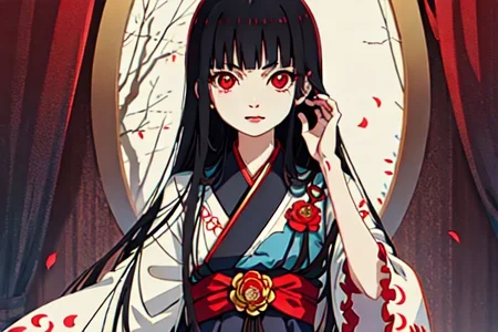 enma ai, hair down, hair black, bangs, eyes red, masterpiece, best quality, ultra-detailed, illustration, 1girl, solo, highres, photorealistic, ultra high res, (Original illustration composition), (fusion of limited color, Maximalism artstyle, kimono obi fashion, double exposure, background, illustration, Amazing, lily spider, night darkness, open one's mouth, flowers red, (polychromatic peony:1.15), Movie poster,