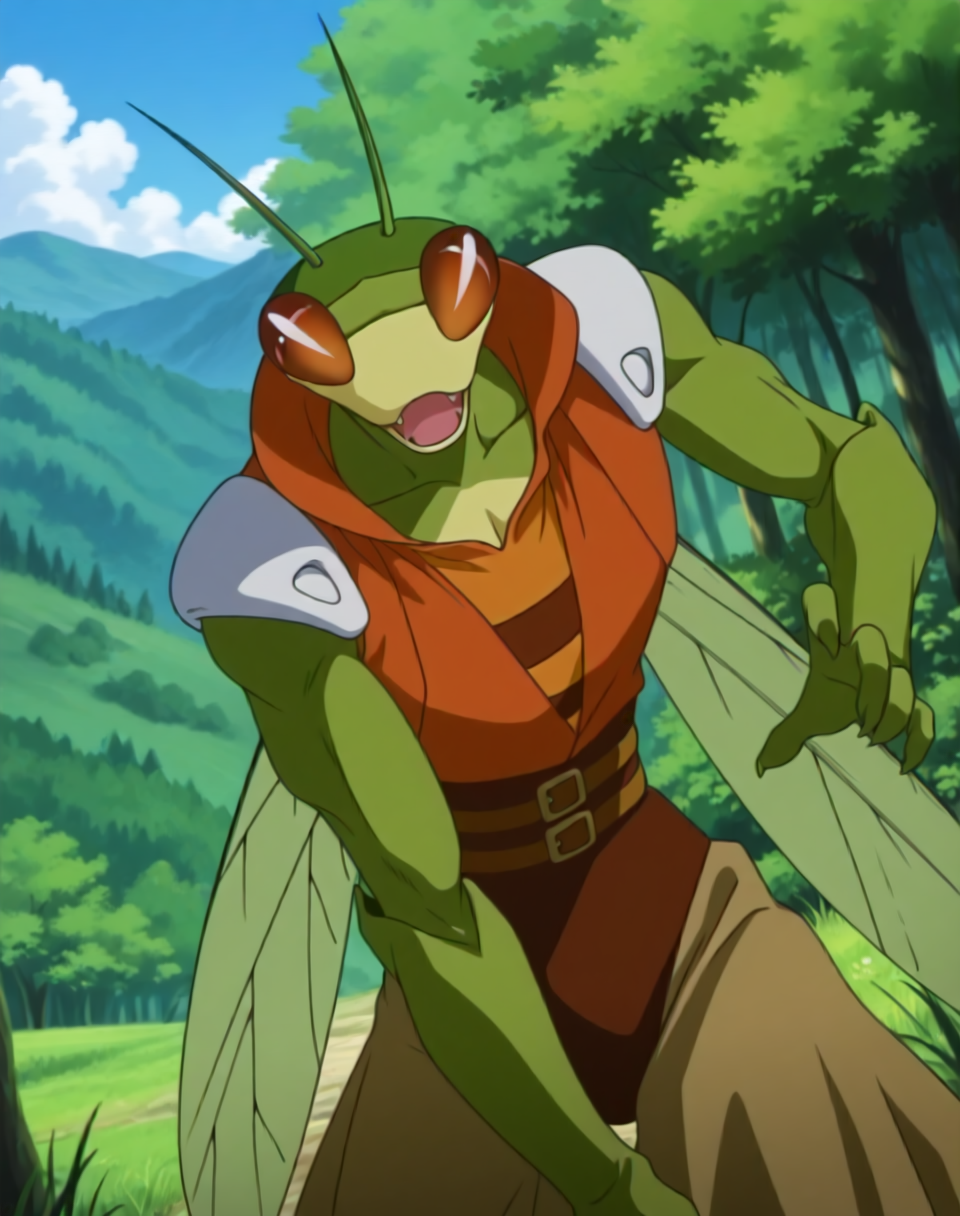 <lora:Katris_(Shinzo)_(Illustrious)_(AD):1> Katris, mantis, Shinzo, 
((
exterior, vivid anime blue sky with detailed clouds, forest, mountains, valley, 
dynamic action, cowboy shot, insect anthro, fighting, chest focus, smug arrogant expression, 
)),
BREAK: very awe, aesthetically pleasing, masterpiece, best quality, amazing quality, very aesthetic, perfect depth of field shot, in'ei, 
masterpiece, best quality, amazing quality, very aesthetic, high resolution, ultra-detailed, absurdres, newest, scenery, {Prompt}, BREAK, detailed background, volumetric lighting,
BREAK: lazympos, lazypos (3),