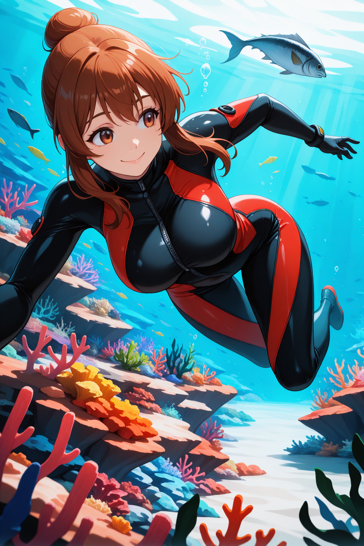 masterpiece, best quality, 1girl, solo,  <lora:kotegawananaka-illu-nvwls-v4:1> gbluenanaka, brown hair, hair bun, short hair with long locks, auburn eyes, large breasts, red and black bodysuit, underwater, coral reef, seaweed, fish, smile, swimming, looking to the side