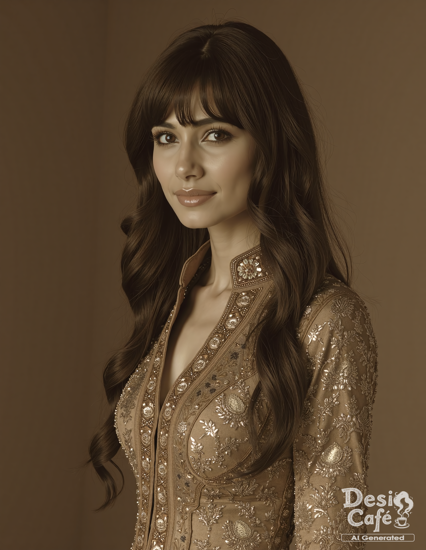 vintage sepia photo of sum1t s1ngh woman, hyper realistic photo that is safe for work,  studio quality image, well dressed wearing intricate long sleevedSharara Suit, hair styled as bangs,muted shaded background that contrasts with the person, cinematic lighting,âââââ <lora:Sum1t_S1ngh_Flux_Kohya_V1:0.8>âââ