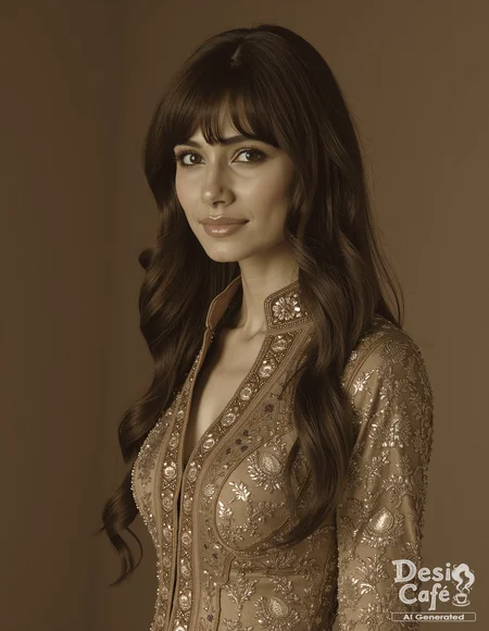 vintage sepia photo of sum1t s1ngh woman, hyper realistic photo that is safe for work,  studio quality image, well dressed wearing intricate long sleevedSharara Suit, hair styled as bangs,muted shaded background that contrasts with the person, cinematic lighting,âââââ <lora:Sum1t_S1ngh_Flux_Kohya_V1:0.8>âââ