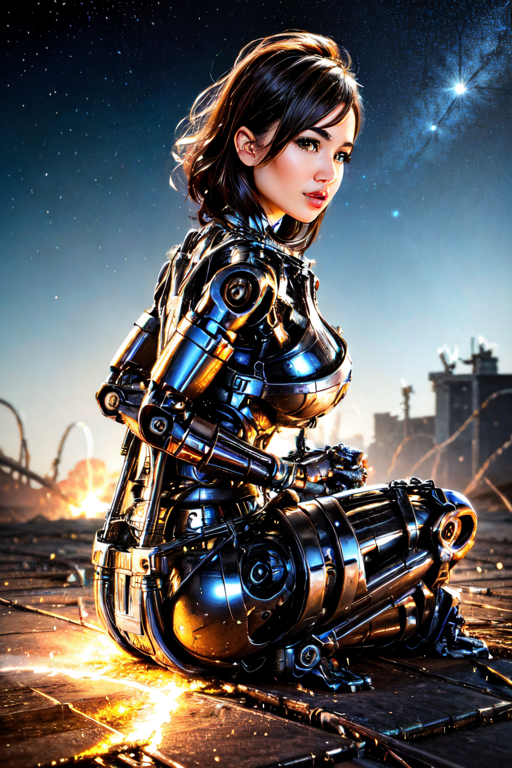 ((view from right side):1.2) explosions in the background, night sky, (Seated on the floor with legs crossed, with hands clasped behind back:1.2) (Realisitc:1.5) woman terminator, gigantic breasts, big ass, <lora:EdobTerminatorHybridFemale_v1.0:0.8>