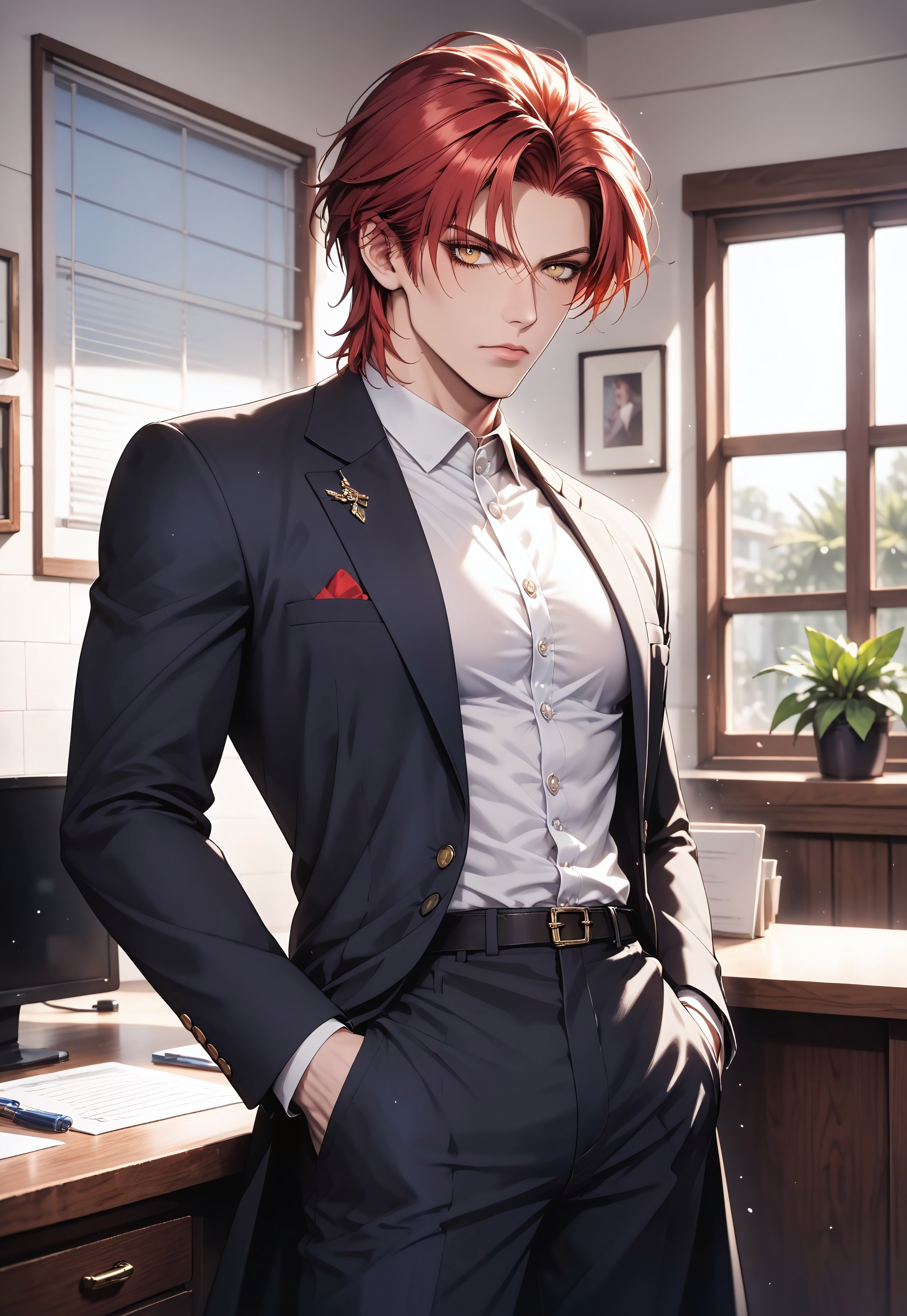 cowboy shot, (solo), 1boy, motion lines, male focus, standing, 
masculine face, daddy looking face, masculine, handsome, red hair, yellow eyes, no beard,
Serious expression, 
Doctor coat, shirt, suit pants, slim body, narrow waist,
detailed face, detailed body, detailed eyes, perfect anatomy,
masterpiece,best quality,amazing quality,
<lora:cfg_scale_boost:0.2>, <lora:add-detail-xl:0.2>, <lora:NAI_QualityV1.1:0.2>,
Indoors, office