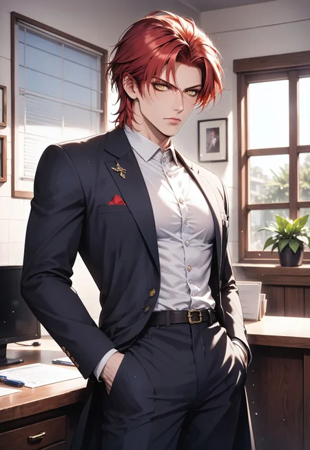 cowboy shot, (solo), 1boy, motion lines, male focus, standing, 
masculine face, daddy looking face, masculine, handsome, red hair, yellow eyes, no beard,
Serious expression, 
Doctor coat, shirt, suit pants, slim body, narrow waist,
detailed face, detailed body, detailed eyes, perfect anatomy,
masterpiece,best quality,amazing quality,
<lora:cfg_scale_boost:0.2>, <lora:add-detail-xl:0.2>, <lora:NAI_QualityV1.1:0.2>,
Indoors, office