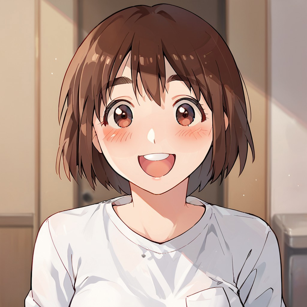 score_9, score_8_up, score_7_up, source_anime, ayase fuuka, white shirt, POV, looking at viewer, blush, smile, open mouth, upper teeth only
