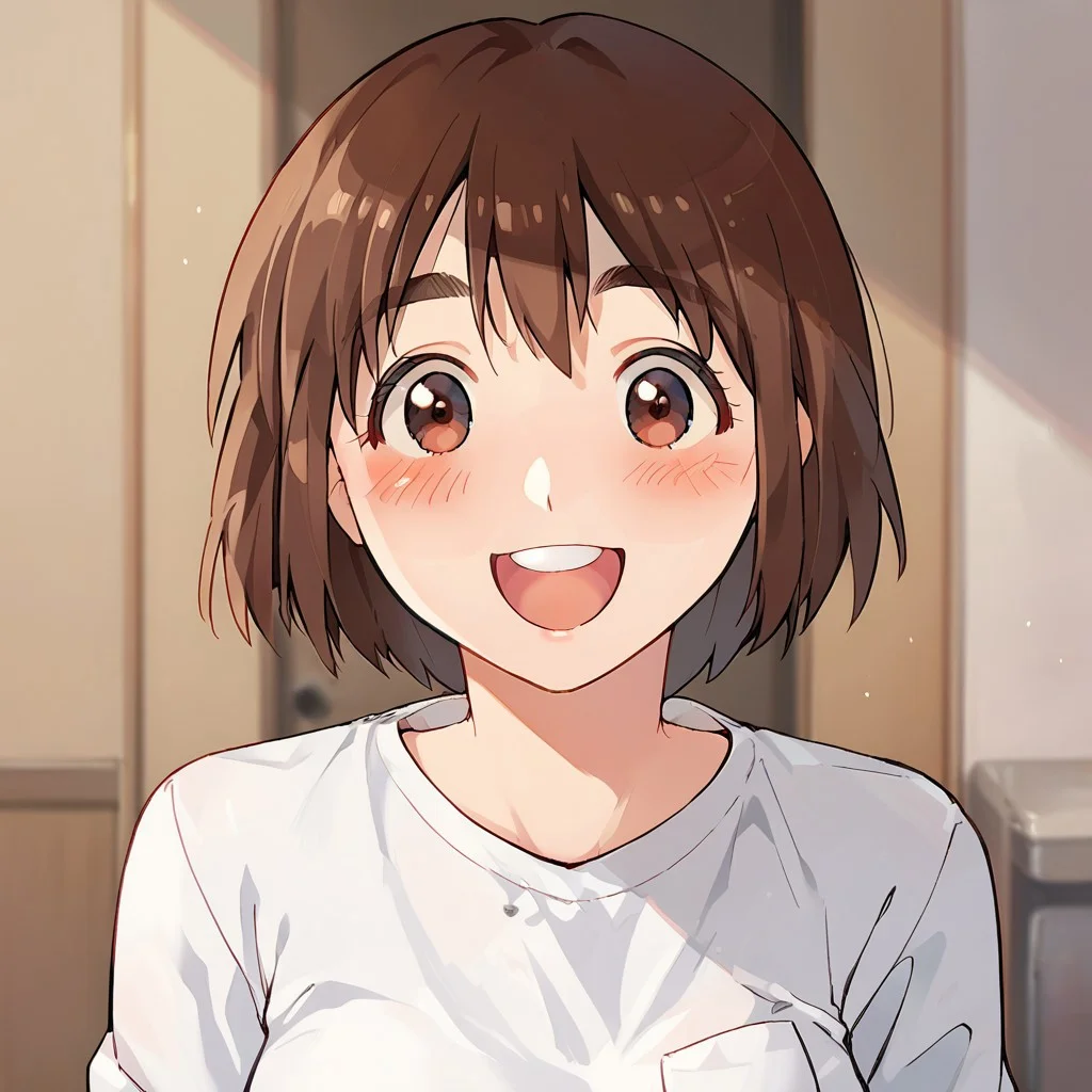 score_9, score_8_up, score_7_up, source_anime, ayase fuuka, white shirt, POV, looking at viewer, blush, smile, open mouth, upper teeth only