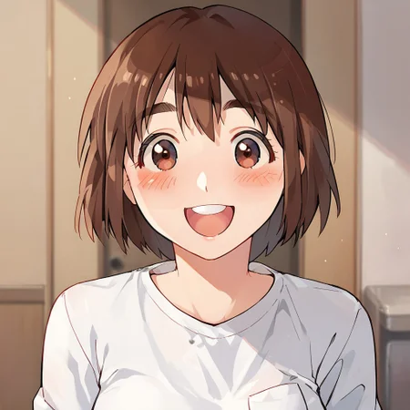 score_9, score_8_up, score_7_up, source_anime, ayase fuuka, white shirt, POV, looking at viewer, blush, smile, open mouth, upper teeth only