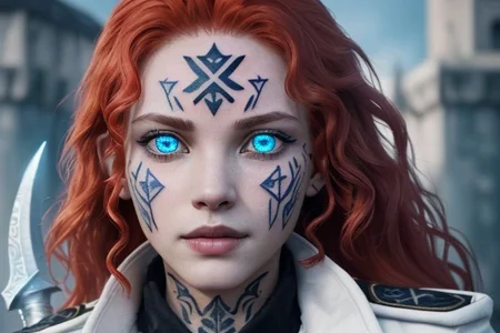 bright red hair, human female, (feminine:1.7), (beautiful face, detailed face:1.6), (beautiful eyes, detailed eyes:1.7), (looking at viewer, eye contact, intense:1.6), (long hair, red hair, curly hair:1.3), , ((masterpiece, best quality, high resolution, realistic, best quality,)), photo realistic, Perfect Face, (detailed face). <lora:GoodHands-vanilla:0.6> <lora:add-detail-xl:0.8>, mage, (Dress White military uniform coat), dagger, rune dagger, glowing runes, , (((glowing magic symbols tattoos, religious tattoos))), ((face tattoos)), glowing tattoos, stone tower in the background