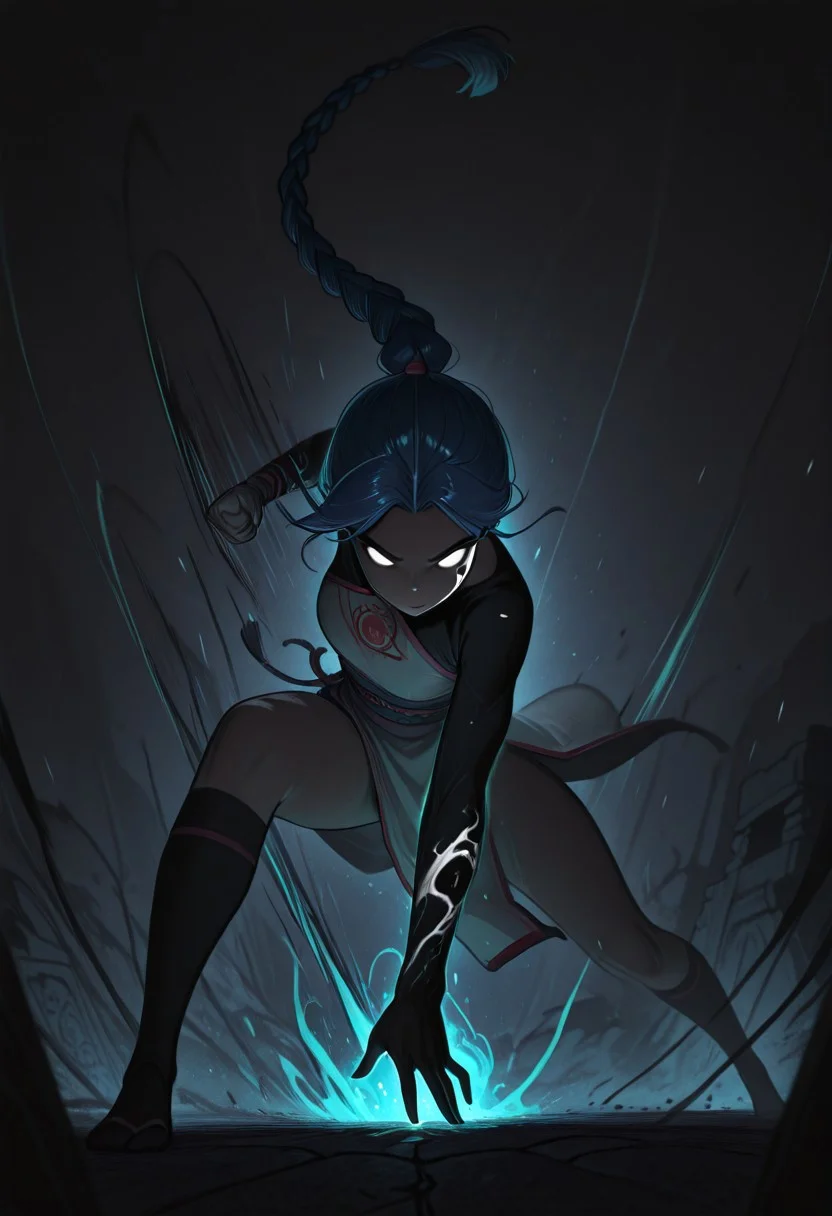 Monochrome, head Body Shot, M200 closeup of a beautiful busty fit beheaded female warrior monk with a cracked, blood-smeared Face delivering a devastating Punch, Hollow white eyes, with swirling spectral white ash aura, high Quality, masterpiece, volumetric backlight, very detailed, high socks, panty, dark vibrant theme, Motion lines, dynamic pose, Ancient temple ruins veiled in black smoke, ritualistic-themed, muted red and beige tones, Tattered prayer beads swinging wildly. s3v3n, 1girl, solo, blue hair, braid, single braid, long hair, braided ponytail, masterpiece, best quality, good quality, newest, highres, volumetric lighting, uncensored, raytracing, volumetric lighting, ambient occlusion, girl, background, masterpiece, best quality, very awa, absurdres, ambient occlusion, raytracing, soft lighting, blum effect, masterpiece, absolutely eye-catching, particles, glowing, shining, intricate cinematic background,