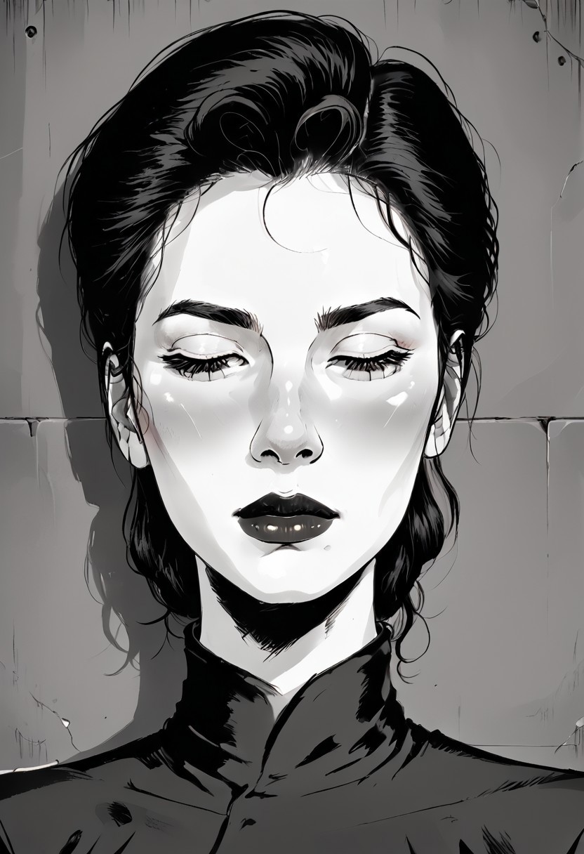 Create an intense, evocative portrait in the Japanese retro anime style of the 80s and 90s. The scene features a male bathed in deep blue light, leaning against a wall with her arms raised, eyes closed in a moment of raw emotion. Her attire is minimal, accentuating the curves of her body and the dramatic shadows cast by the lighting. The background is stark, with sharp contrasts highlighting the contours of her form. The blue and black palette intensifies the mood, evoking a sense of mystery and allure. Subtle film grain and meticulous shading add depth and texture, emphasizing the emotional gravity of the scene. The lighting creates a chiaroscuro effect, accentuating her expressive pose and the intense atmosphere.