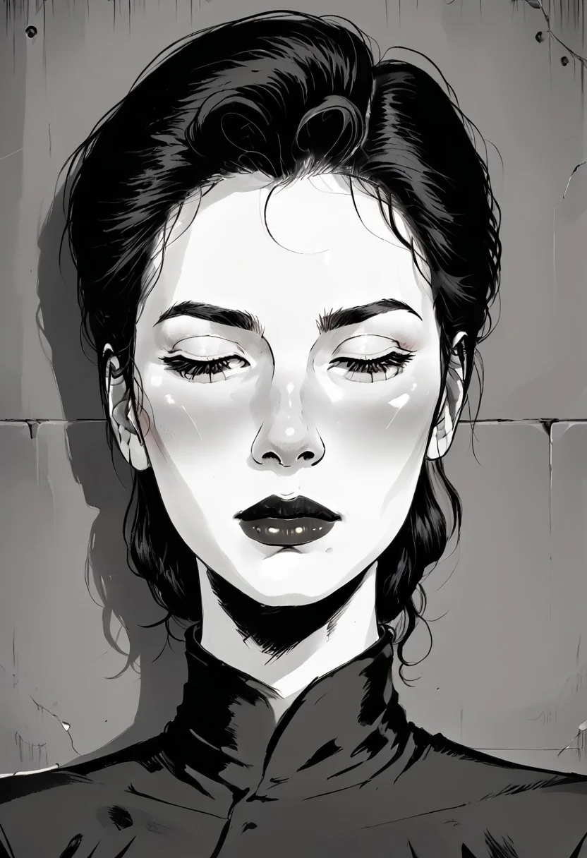 Create an intense, evocative portrait in the Japanese retro anime style of the 80s and 90s. The scene features a male bathed in deep blue light, leaning against a wall with her arms raised, eyes closed in a moment of raw emotion. Her attire is minimal, accentuating the curves of her body and the dramatic shadows cast by the lighting. The background is stark, with sharp contrasts highlighting the contours of her form. The blue and black palette intensifies the mood, evoking a sense of mystery and allure. Subtle film grain and meticulous shading add depth and texture, emphasizing the emotional gravity of the scene. The lighting creates a chiaroscuro effect, accentuating her expressive pose and the intense atmosphere.