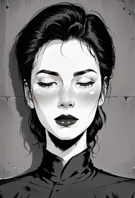 Create an intense, evocative portrait in the Japanese retro anime style of the 80s and 90s. The scene features a male bathed in deep blue light, leaning against a wall with her arms raised, eyes closed in a moment of raw emotion. Her attire is minimal, accentuating the curves of her body and the dramatic shadows cast by the lighting. The background is stark, with sharp contrasts highlighting the contours of her form. The blue and black palette intensifies the mood, evoking a sense of mystery and allure. Subtle film grain and meticulous shading add depth and texture, emphasizing the emotional gravity of the scene. The lighting creates a chiaroscuro effect, accentuating her expressive pose and the intense atmosphere.