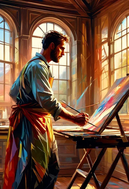 A focused Renaissance artist with a smudged apron and a palette of colors works on a canvas in a sunlit studio. Paintings in progress, wooden easel, soft light filtering through large windows, extreme close-up, portrait, warm tones.