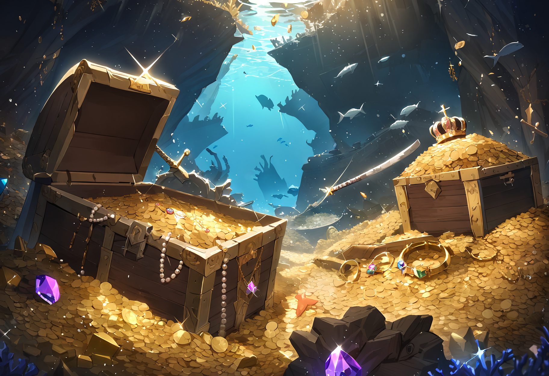 masterpiece, best quality, absurdres, intricate, detailed background, treasure-room,treasure,underwater, old, dirty, glint, sparkle, coral reef,fish,ship wreck, (sword:1.2),pile of gold, scenery, crown, jewelry, bracelet,  necklace, pearls,gems,gemstone, glint,( no humans:1.1)<lora:treasure room (animagine) v1:0.6>, broken treasure chest