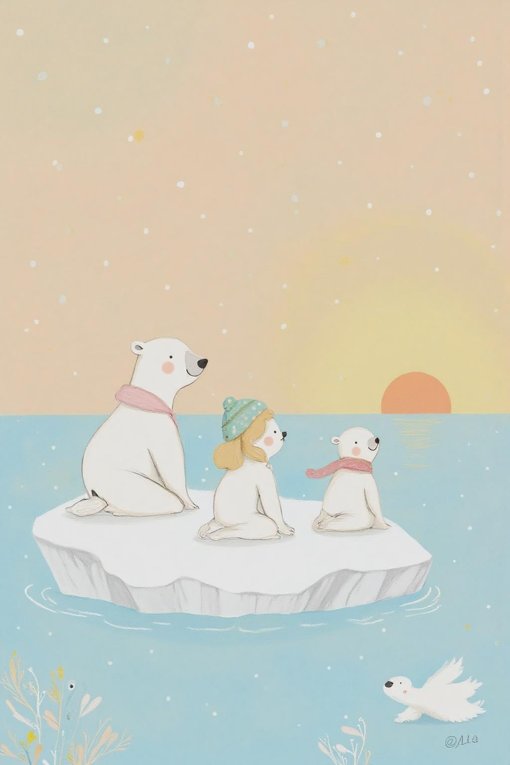 al1ca Illustration. 
A family of big fat polar bears sitting on a iceberg, watching the sun set. <lora:al1ca1_cap_d6a3e11:1.0><lora:828073912609937531:0>