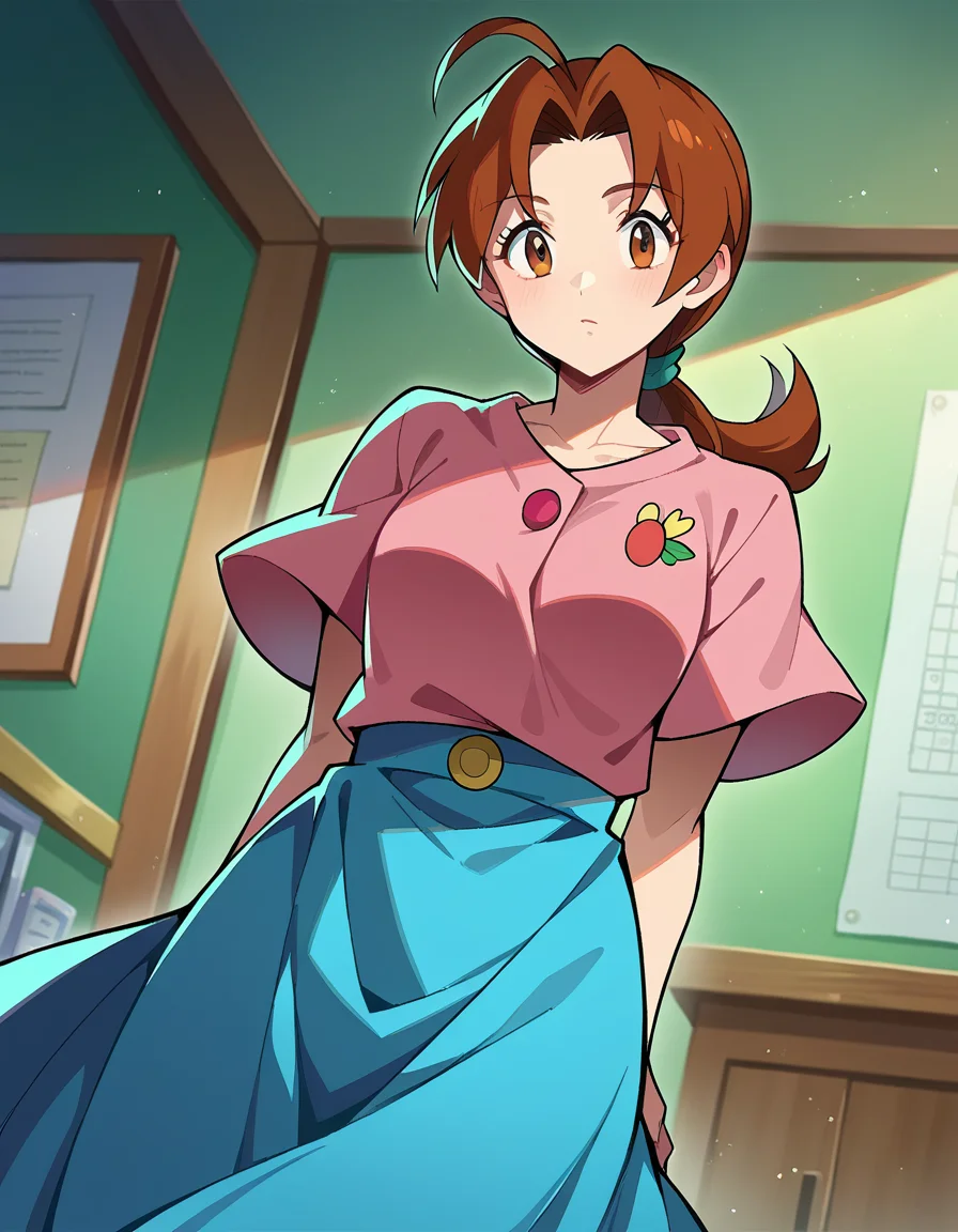 score_9, score_8_up, score_7_up, source_anime,
deliaketchum, <lora:delia-ketchum-ponyxl-lora-nochekaiser:1>
deliaketchum, brown hair, brown eyes, parted bangs, ahoge, ponytail, low ponytail,
shirt, pink shirt, short sleeves, skirt, blue skirt, long skirt,
indoors,
looking at viewer, cowboy shot, dutch angle,