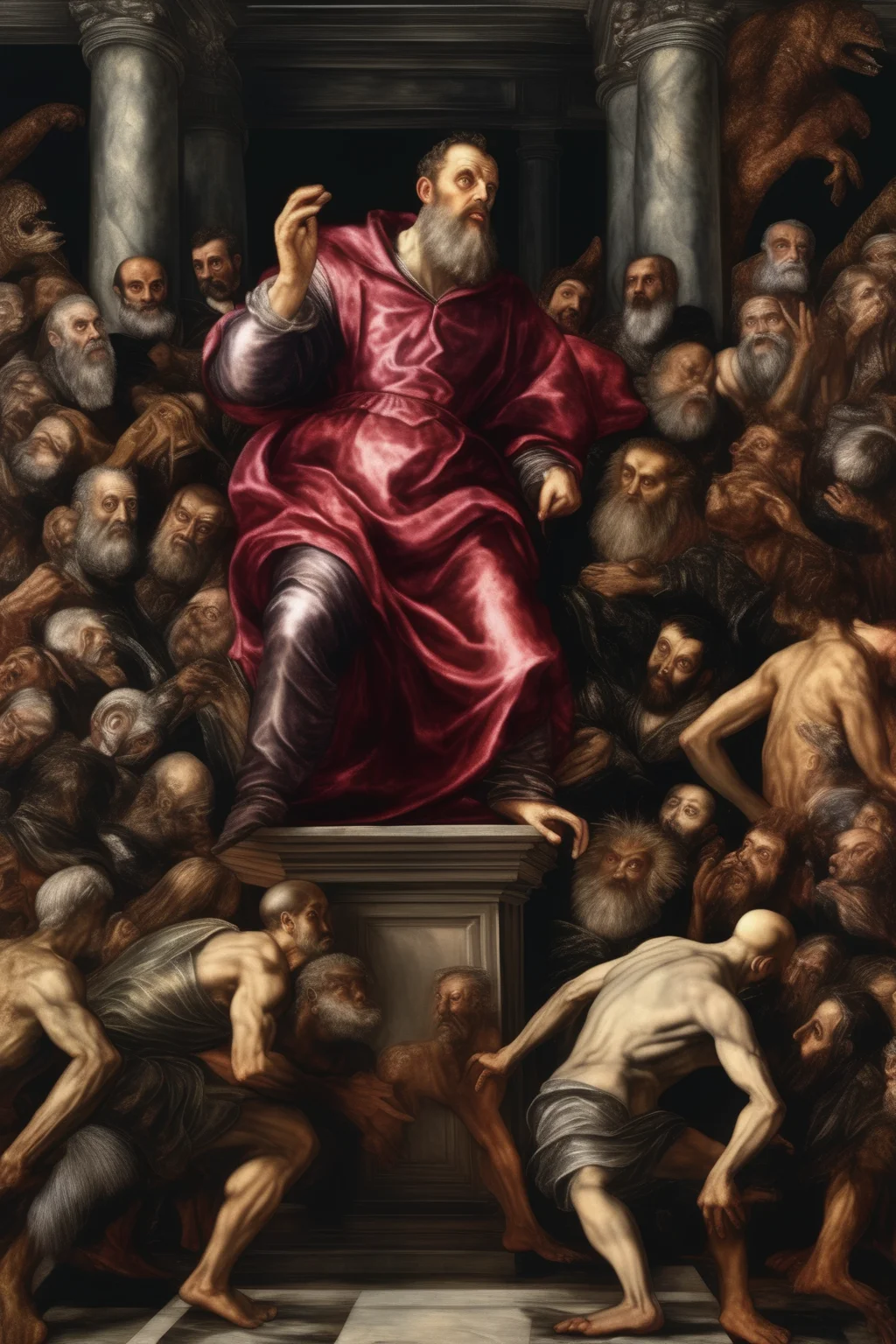 <lora:Tintoretto Style:1>Tintoretto Style - An illustration highlighting the irony of great art masters, akin to a cryptid standing out in a crowd of conformity