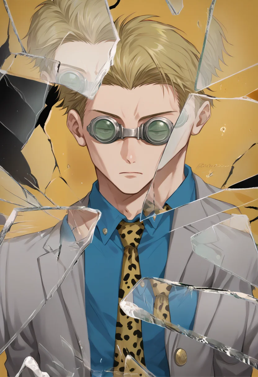 score_9, score_8_up, source_anime, 1boy, solo, NanamiBase, blonde hair, short hair, goggles, grey jacket, yellow necktie, leopard print, blue shirt, collared shirt, grey pants, IncrsXLBrknGls, broken glass, reflection, upper body, <lora:ChamKentoNanamiPonyXL:1> <lora:BreakingGlassXLPDCAME:1>