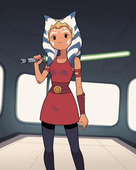 score_9, score_8_up, 1girl, ahsoka, solo, (dot eyes), cute, content, orange skin, dark red clothes, missing nose, standing, armbands, short skirt, black tights, looking at viewer, holding green lightsaber, spaceship interior, black floor, black ceiling, white walls, outer space, adventure time, flat colors, vector, <lora:Adventure_Time_Style_LORA:1>
