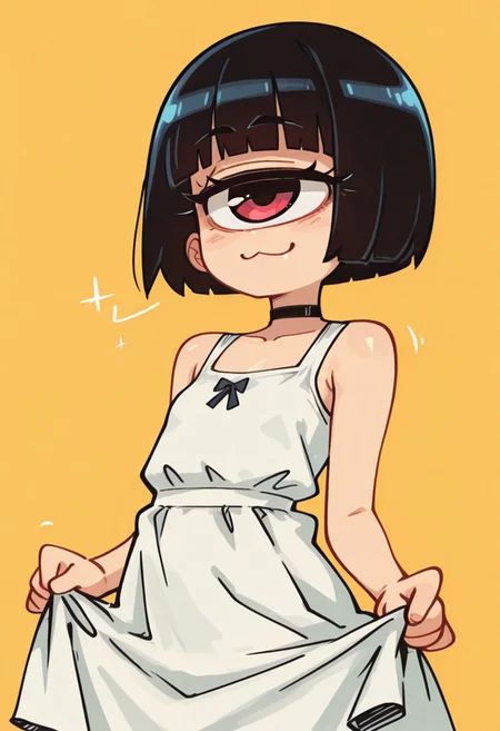 1 girl , solo ,cyclops , bobcut , blunt bangs , sundress ,choker , smug , holding skirt , :3 , 
masterpiece ,best quality ,amazing quality, gerph ,S4bit4mago_illu ,anime style ,