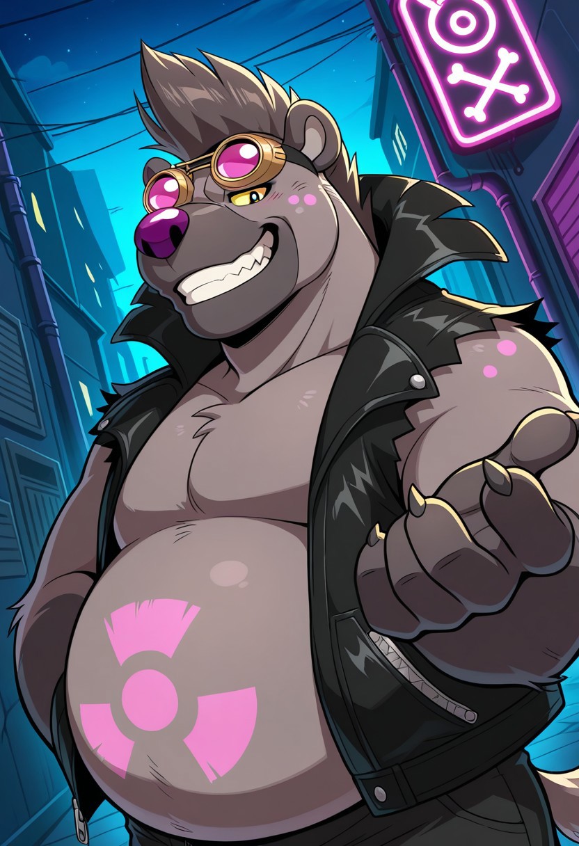detail background, anthro hyena, solo, 1boy, big belly, fat, overweight, gray body/fur, yellow sclera, black pupils, purple nose, two tone fur, purple spotted on body, short tail, gray mane, mohawk, short ears, gray hair crest, leather jacket, black vest, ripped sleeves, black shorts, ripped shorts, distressed fabric, pink radioactive logo on belly, belly tattoo, round goggles, steampunk goggles, yellow frame, pink reflective lenses, BREAK dark alley, night, neon light, grinning, showing teeth, expressive, dutch angle, low angle, outdoors, hand in pocket, looking at viewer, (beckoning, hand extended towards to viewer), face close-up, face focus, upper body, claws