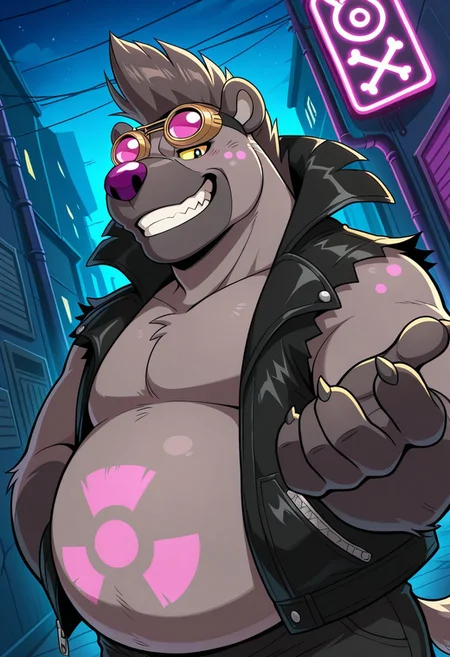 detail background, anthro hyena, solo, 1boy, big belly, fat, overweight, gray body/fur, yellow sclera, black pupils, purple nose, two tone fur, purple spotted on body, short tail, gray mane, mohawk, short ears, gray hair crest, leather jacket, black vest, ripped sleeves, black shorts, ripped shorts, distressed fabric, pink radioactive logo on belly, belly tattoo, round goggles, steampunk goggles, yellow frame, pink reflective lenses, BREAK dark alley, night, neon light, grinning, showing teeth, expressive, dutch angle, low angle, outdoors, hand in pocket, looking at viewer, (beckoning, hand extended towards to viewer), face close-up, face focus, upper body, claws