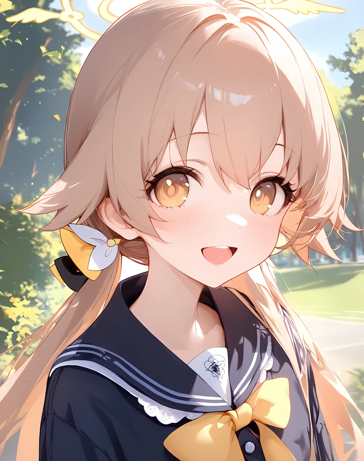 1girl,
hifumi \(blue archive\), solo,outdoors, trees,:d,smile,looking at viewer, halo,portrait,
masterpiece,best quality,absurdres,
<lora:delta_style_koni-000022:1>