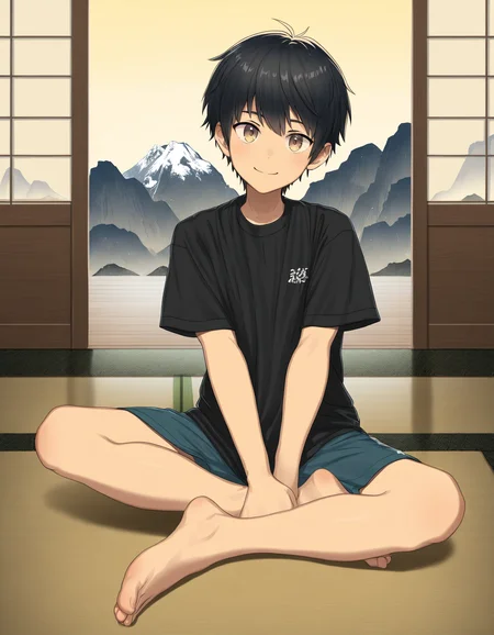 masterpiece, best quality, good quality, luye-style, indoors, tatami, mountain, 1boy, brown eyes, black hair, solo, looking at viewer, smile, t-shirt, shorts, sitting on floor, barefoot <lora:luye-yuan_naXL_v3c-ShoAI:1>