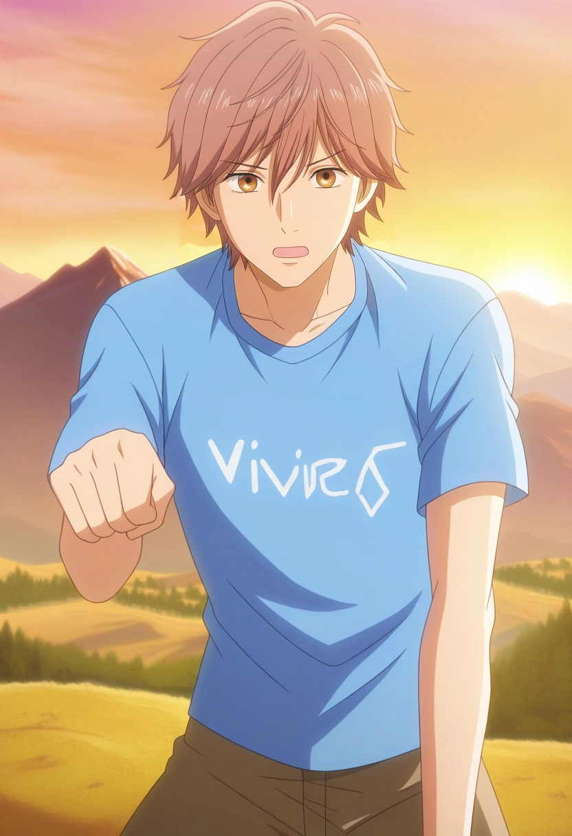 masterpiece, best quality, , anime screencap, anime coloring, , looking at viewer, 1boy, solo, male focus, <lora:taichi_mashima_ilxl:0.94>, taichi_mashima, brown hair, brown eyes, short hair, bangs, hair between eyes, blue shirt, lush valley, towering mountains, glowing rivers, wild creatures, flying pose, exhilarated expression, vivid daylight,