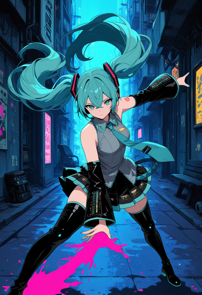 masterpiece, best quality, absurdres, highres, very awa, 1girl, Techwear fashion, looking at viewer, hatsune miku, aqua eyes, aqua hair, crossed bangs, hair between eyes, hair ornament, headphones, long hair, twintails, aqua necktie, black footwear, black skirt, black sleeves, boots, collared shirt, detached sleeves, grey shirt, necktie, pleated skirt, shirt, skirt, sleeveless, sleeveless shirt, thigh boots, tie clip, dynamic pose, colorful background, artistic background, splash of glowing paint, thrown paint, magical glow, futuristic, cyberpunk, urban, tactical, sleek, dark,