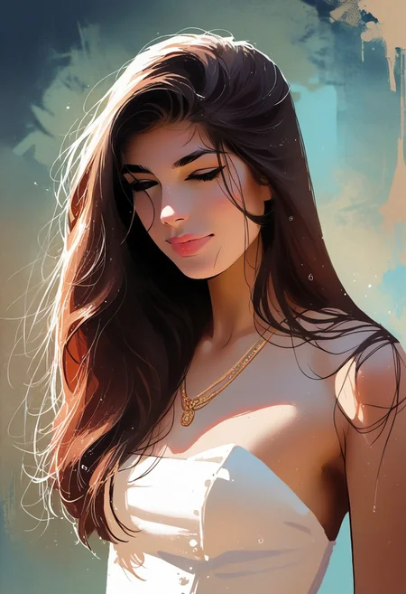 score_9, score_8_up, score_7_up, score_6_up, source_cartoon, 1girl, female, solo, femenine, petite, lean, pale skin,, soaking wet hair, smile, diaphonous white dress, bronze necklace, medium breasts, female focus, official style, close up, perfect anatomy, perfect face, standing, abstract beauty, beautiful, centered, looking at the camera, approaching perfection, dynamic, moonlight, highly detailed, watercolor painting, artstation, concept art, smooth, sharp focus, illustration, portrait