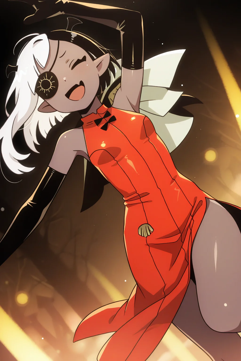 masterpiece, best quality, amazing quality, absurdres, solo, lugosichan, smile, open mouth, closed eyes, dancing, dutch angle, dark skin, split-color hair, white hair, black hair, eyepatch, skin fang, black elbow gloves, red dress, outdoors, abstract background