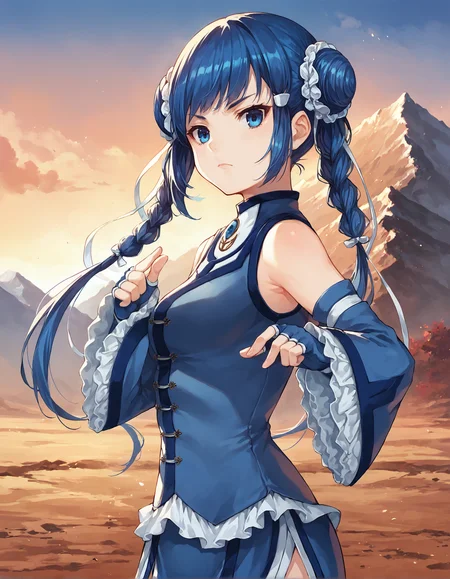 score_9, score_8_up, score_7_up, score_6_up, a girl in a fighting stance in mountains, source_anime, detailed, solo focus, colorful, 1girl, perfect lighting, upper body, medium shot, mgrcchunmeiyui, blue hair, double bun, twin braids, blue eyes, looking at viewer, white scrunchies, hair ribbons, blue chest gem, blue sleeveless chinese dress, detached blue wide sleeves, white frills, blue fingerless gloves, hands up, fighting stance, serious, outdoors, mountains, evening, dynamic pose, (side view:0.6), <lora:mgrcchunmeiyui_XL:0.9>