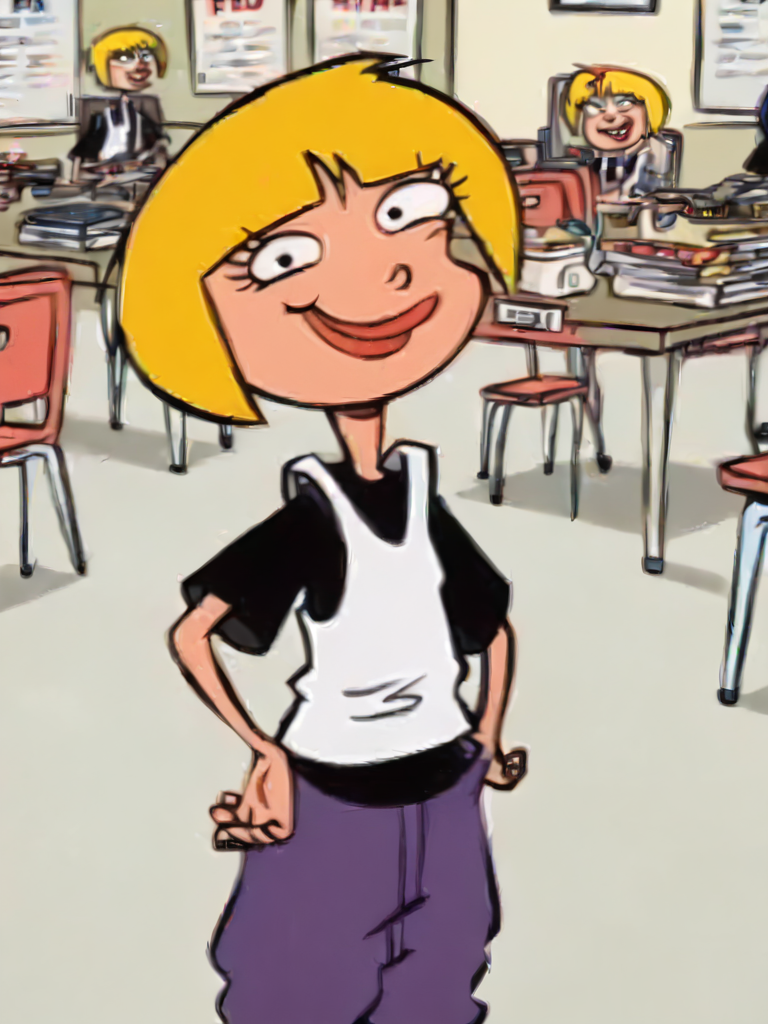 nazz, lips, white vest, 1girl, black t-shirt, solo, blonde hair, short hair, purple pants, smile, bob cut, ,looking at viewer,hand on own hip,   <lora:Smooth Anime Style LoRA XL:1> <lora:NazzPony1.0:1>