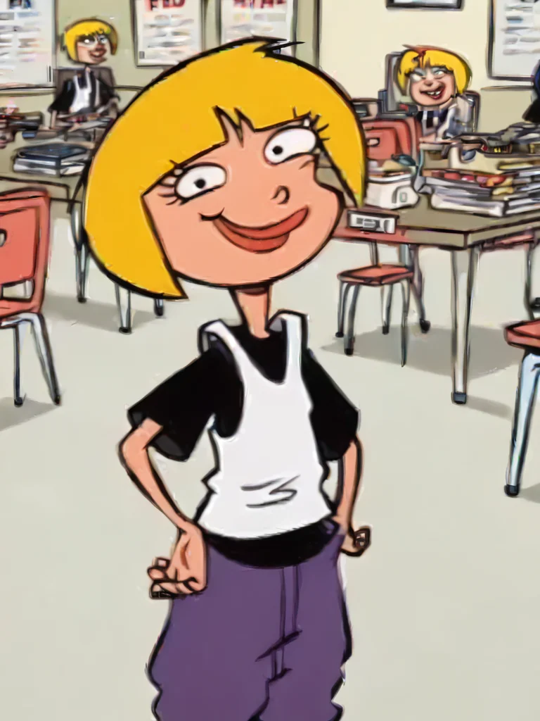 nazz, lips, white vest, 1girl, black t-shirt, solo, blonde hair, short hair, purple pants, smile, bob cut, ,looking at viewer,hand on own hip, <lora:Smooth Anime Style LoRA XL:1> <lora:NazzPony1.0:1>