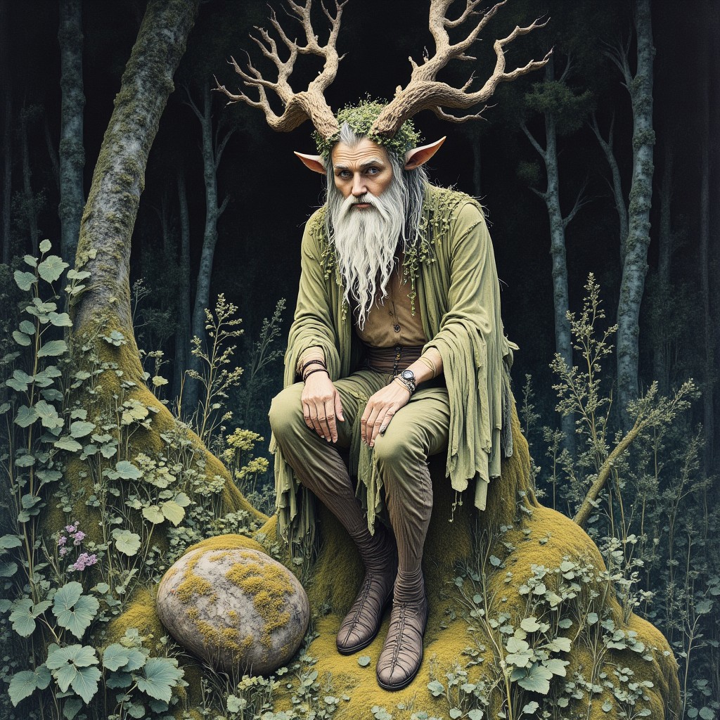Studio Ghibli Dark Fairytale satyr sitting in the woods This is a photograph of a painting, likely a 19th-century piece in the style of the Pre-Raphaelite movement. The artwork depicts a fantastical scene with an old, bearded man with goat-like features, reminiscent of a satyr or faun. He is sitting on a rock in a forest setting, surrounded by lush greenery and various plants.