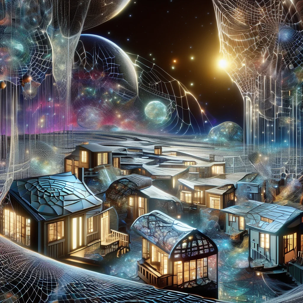 ((best quality)), ((masterpiece)), ((realistic,digital art)), (hyper detailed),DonMC0sm1cW3bXL,astral plain and cosmic webs,Village, <lora:DonMC0sm1cW3bXL-000009:1>